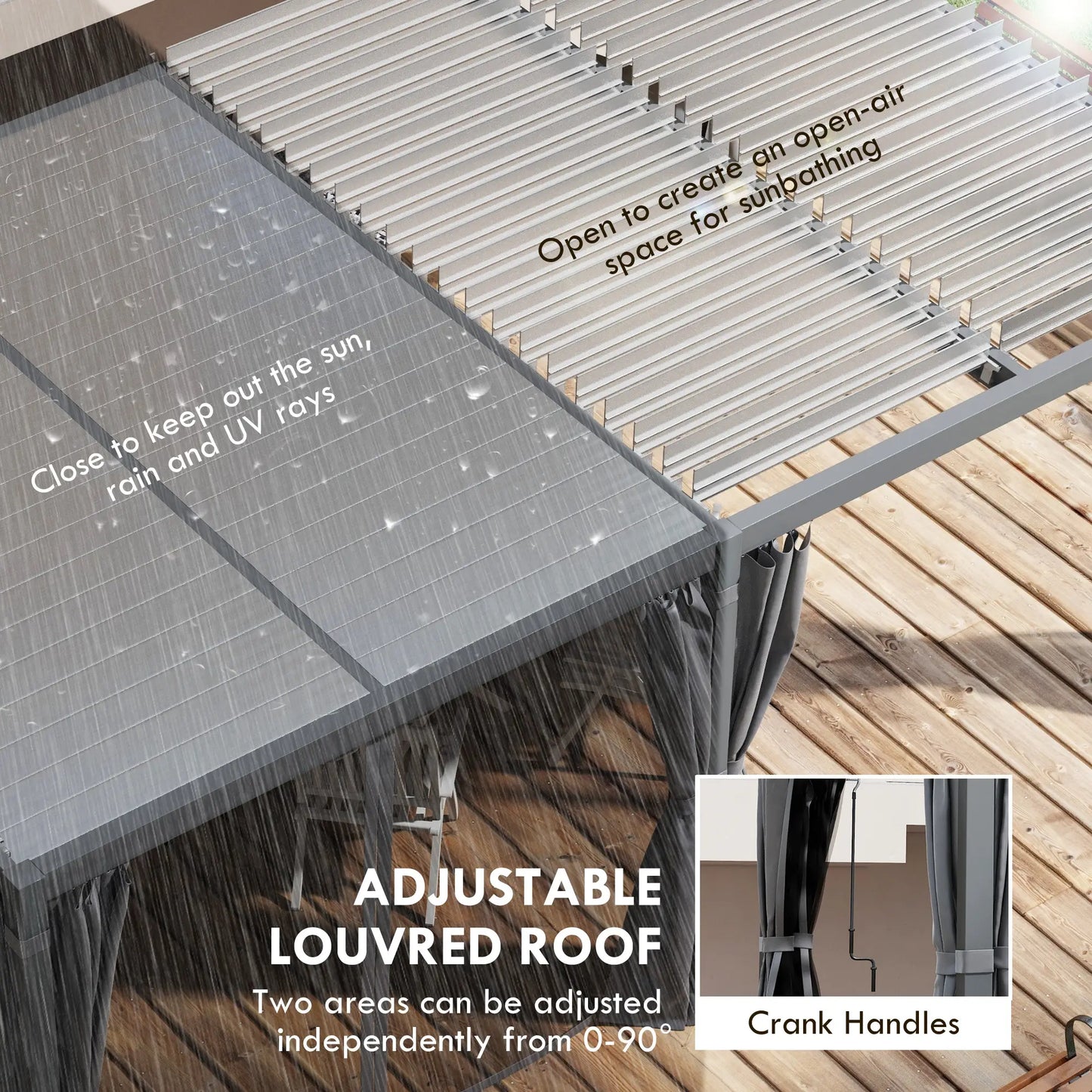 Outsunny 12' x 19' Aluminum Louvered Pergola | Adjustable Roof with Curtains & Netting for Outdoor Patio, Deck & Garden – Dark Gray
