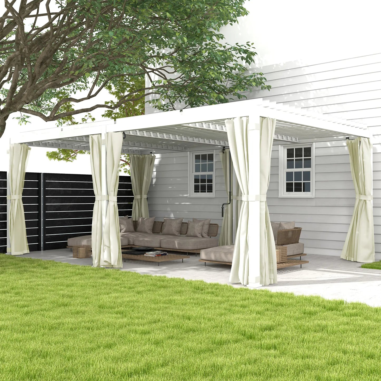 Outsunny 12' x 19' Aluminum Pergola with Adjustable Louvered, Outdoor Pergola with Curtains and Netting, Cream White