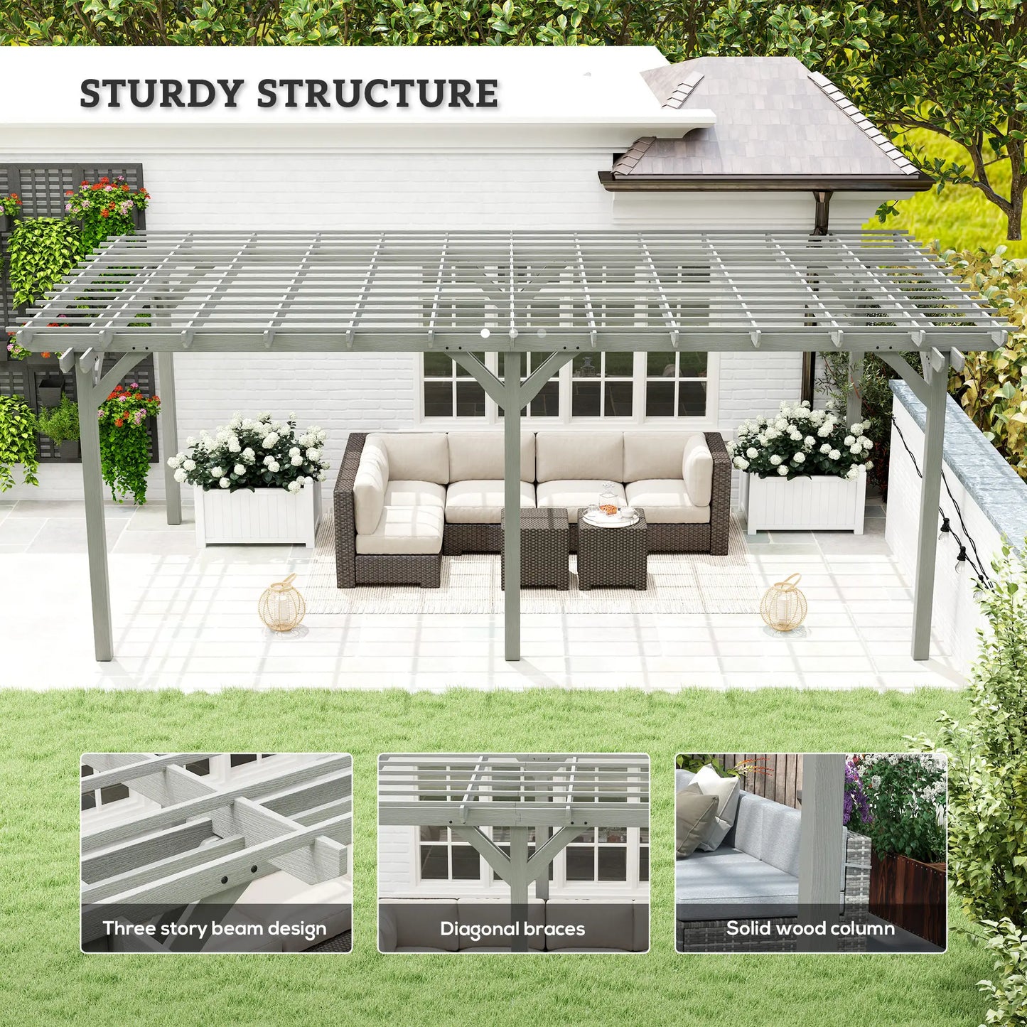 Outsunny 12' x 20' Outdoor Pergola, Wood Gazebo Grape Trellis with Stable Structure for Climbing Plant Support, Gray