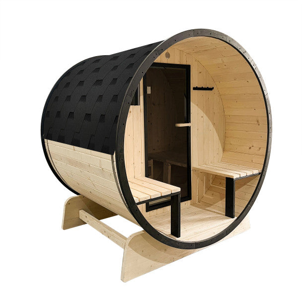 Outdoor White Finland Pine Traditional Barrel Sauna with Black Accents & Front Porch Canopy - 2-4 Person Capacity
