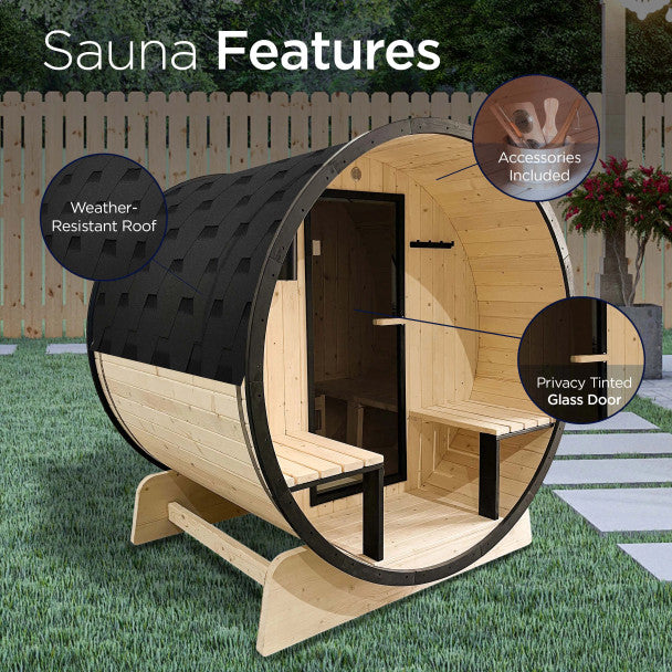 Outdoor White Finland Pine Traditional Barrel Sauna with Black Accents & Front Porch Canopy - 2-4 Person Capacity