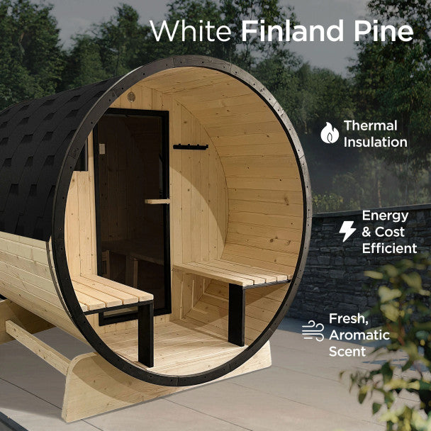 Outdoor White Finland Pine Traditional Barrel Sauna with Black Accents & Front Porch Canopy - 2-4 Person Capacity