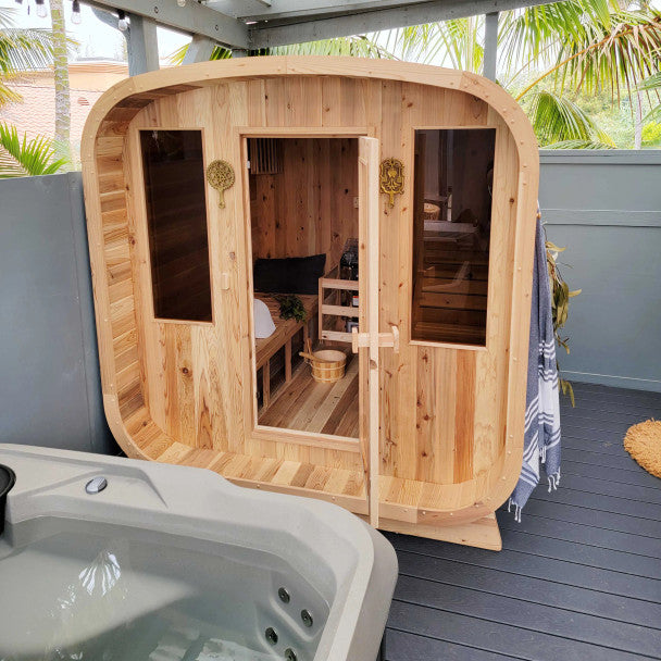 Outdoor Rustic Cedar Square Sauna – 4 Person – 4.5 kW UL Certified Electric Heater