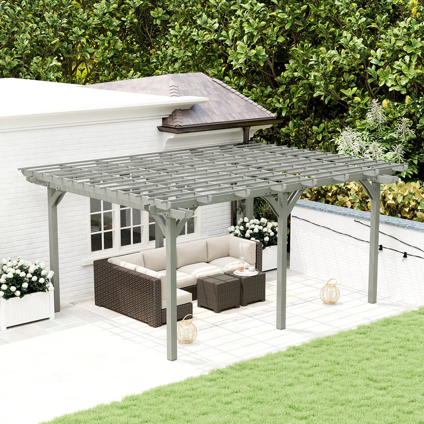 Outsunny 12' x 16' Outdoor Pergola, Wood Gazebo Grape Trellis with Stable Structure for Climbing Plant Support, Gray