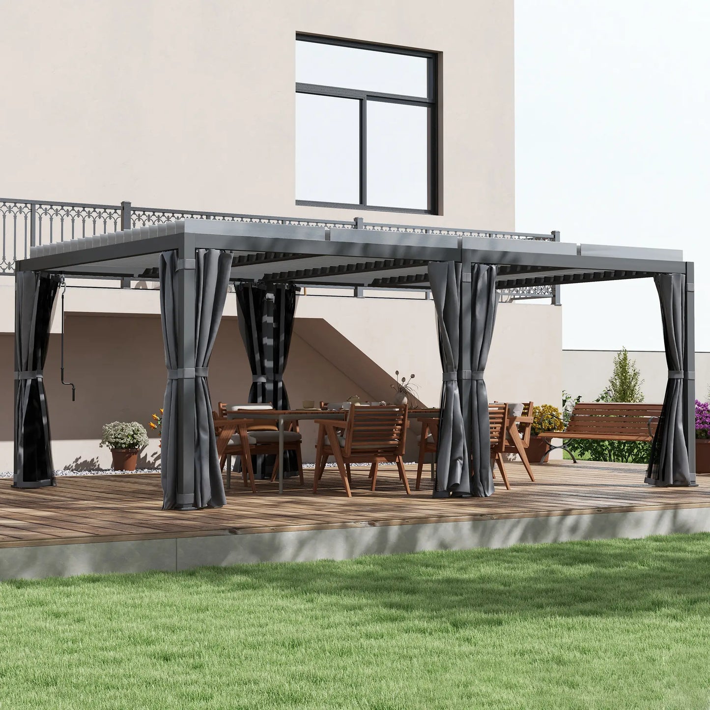 Outsunny 12' x 19' Aluminum Louvered Pergola | Adjustable Roof with Curtains & Netting for Outdoor Patio, Deck & Garden – Dark Gray