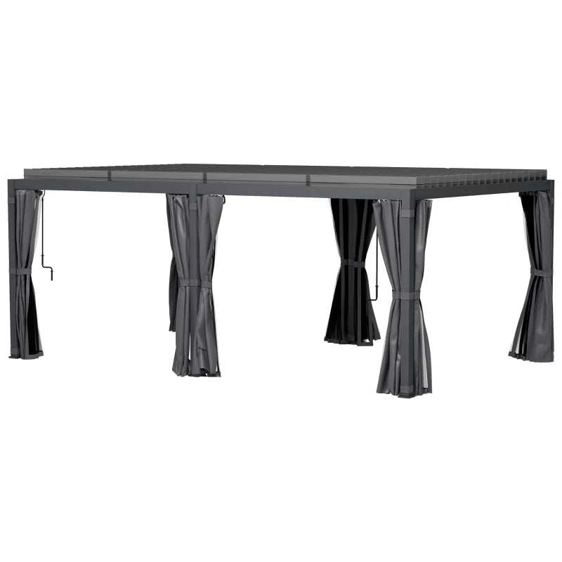 Outsunny 12' x 19' Aluminum Louvered Pergola | Adjustable Roof with Curtains & Netting for Outdoor Patio, Deck & Garden – Natural