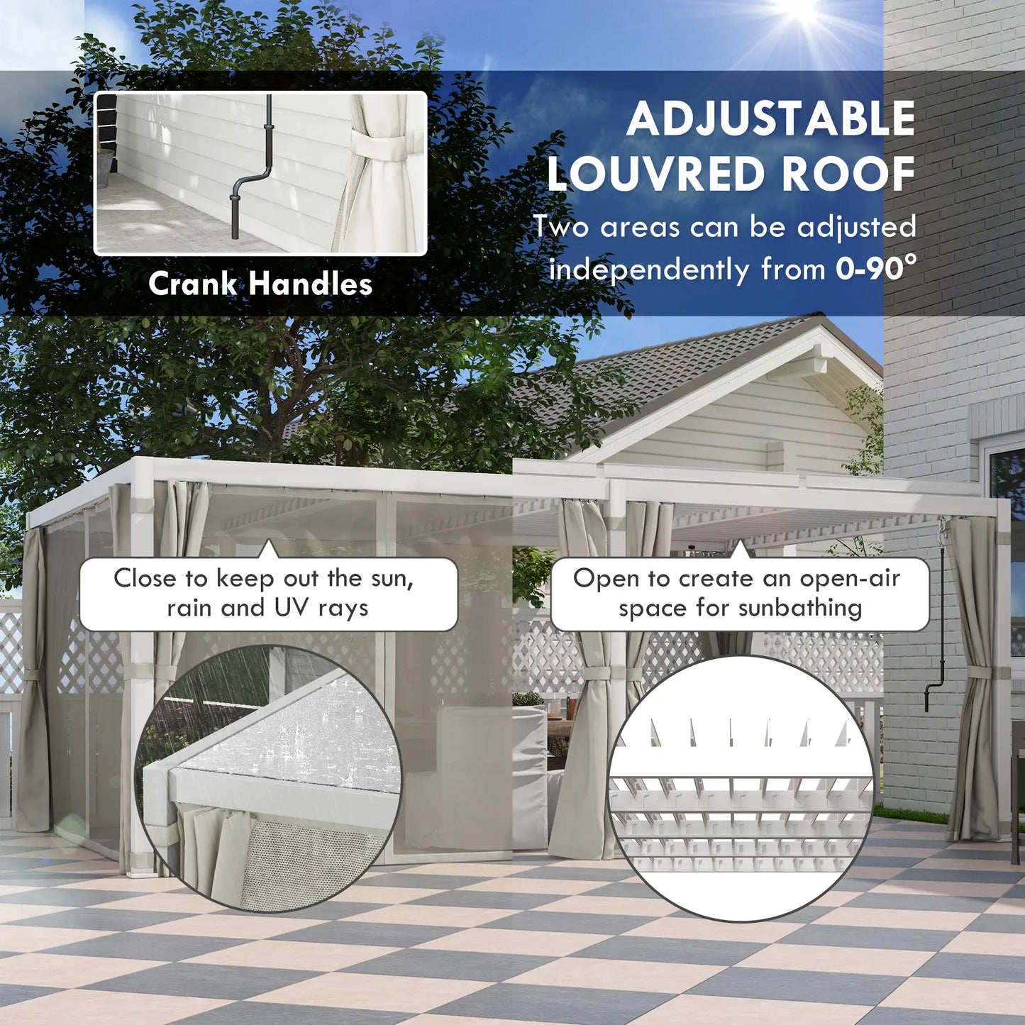 Outsunny 12' x 19' Aluminum Pergola with Adjustable Louvered, Outdoor Pergola with Curtains and Netting, Cream White