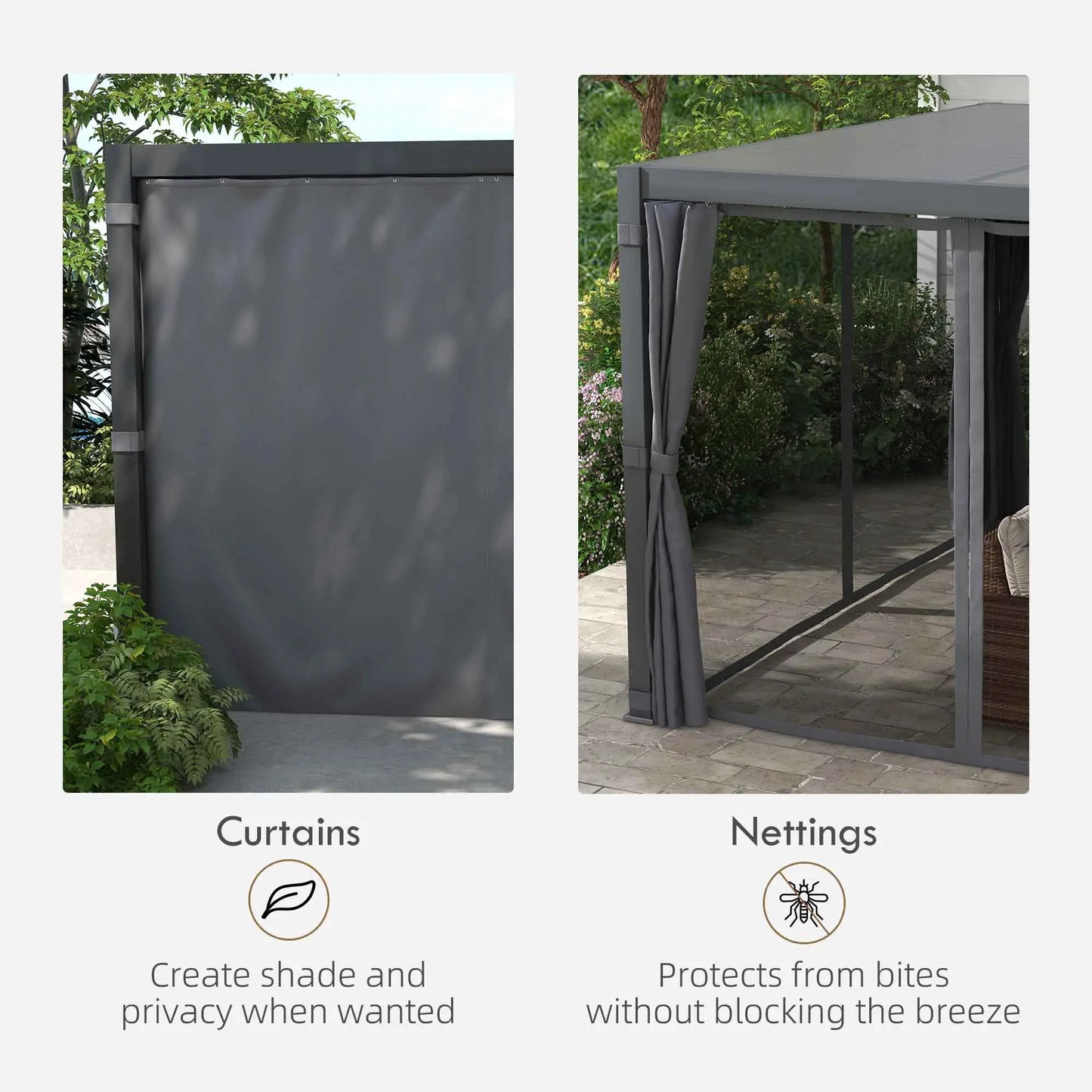 Outsunny 12' x 19' Aluminum Louvered Pergola | Adjustable Roof with Curtains & Netting for Outdoor Patio, Deck & Garden – Dark Gray