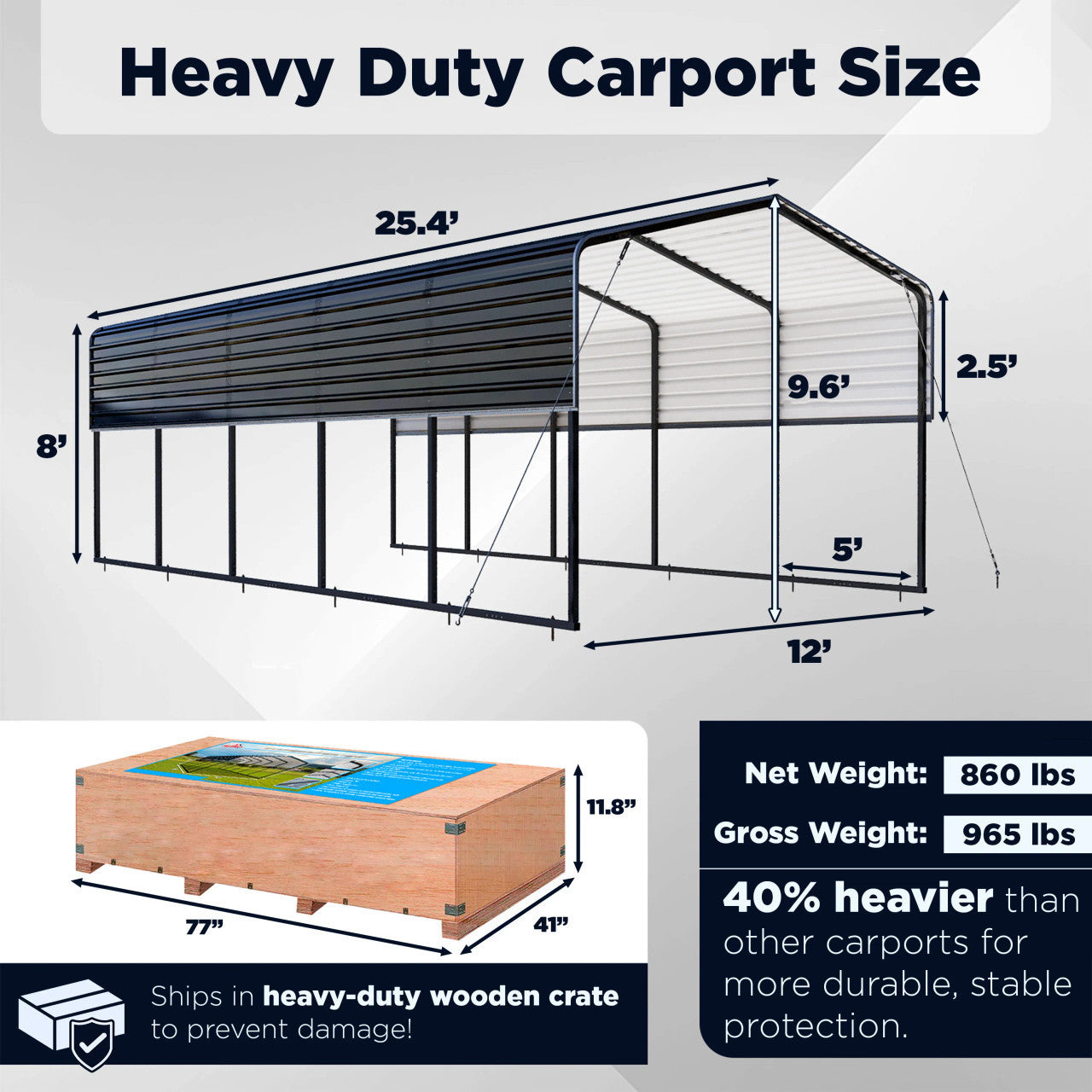 Aleko 12 x 25 x 9.6' Metal Carport with Corrugated Roof - Black