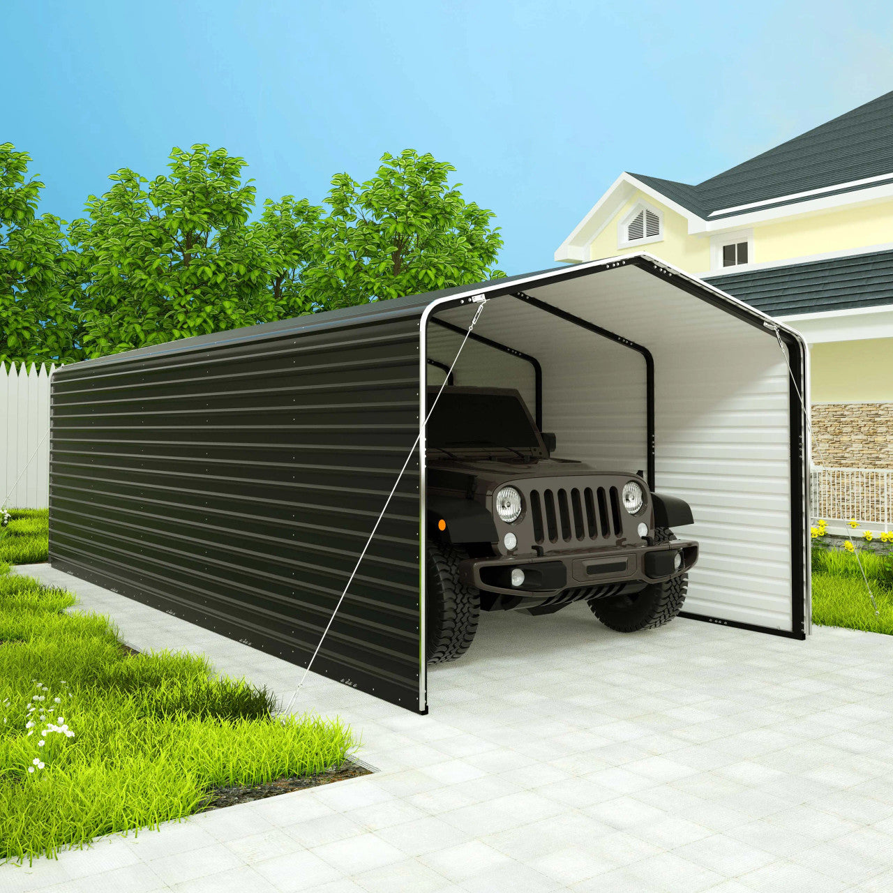 Aleko 12 x 26 x 9.6' Metal Carport with Corrugated Roof and Sidewall Panels - Black