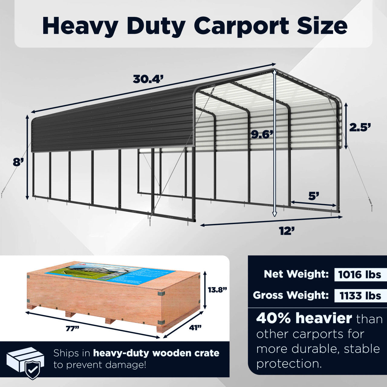 Aleko 12 x 30 x 9.6' Metal Carport with Corrugated Roof - Black