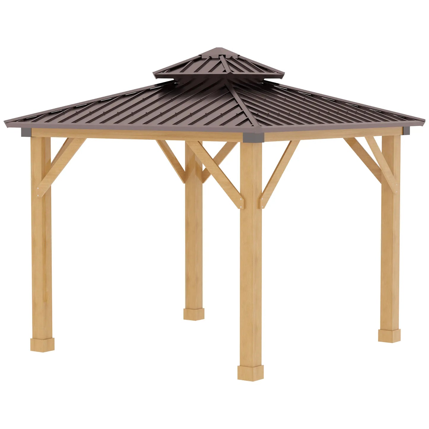 Outsunny 10' x 10' Hardtop Gazebo with Steel Roof & Wood Frame – Permanent Outdoor Pavilion with Light Hook for Patio, Garden, or Backyard