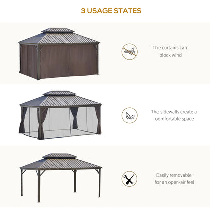 Outsunny 12' x 16' Hardtop Gazebo | Double Roof Metal Pavilion with Curtains & Netting for Patio, Garden & Backyard, Brown