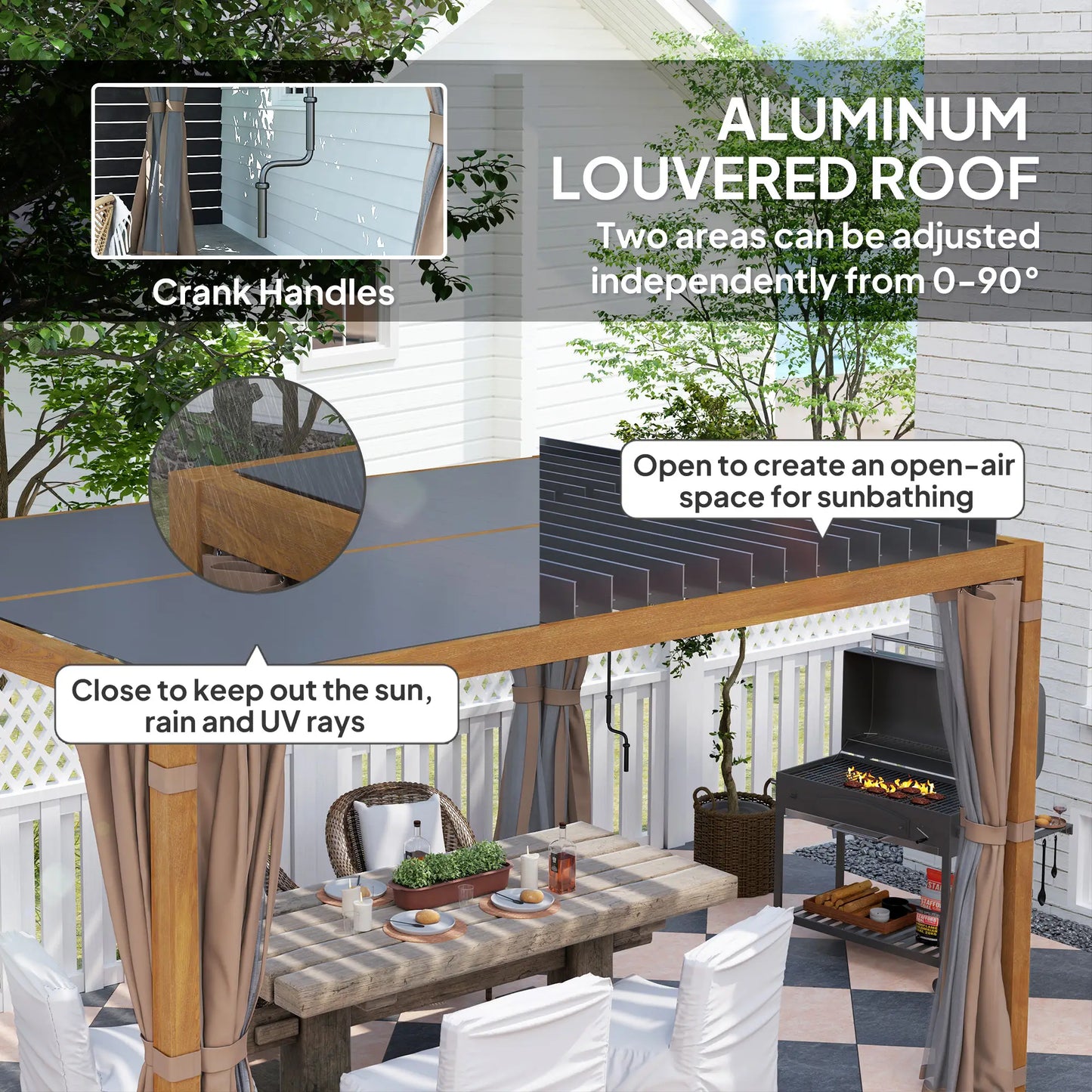 Outsunny 10' x 13' Outdoor Retractable Pergola w/ Sun Shade Louvered Top, Pergola w/ Canopy, Curtains, Netting, Natural Wood