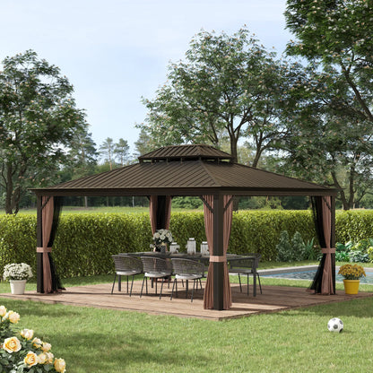 Outsunny 12' x 16' Hardtop Gazebo | Double Roof Metal Pavilion with Curtains & Netting for Patio, Garden & Backyard, Brown