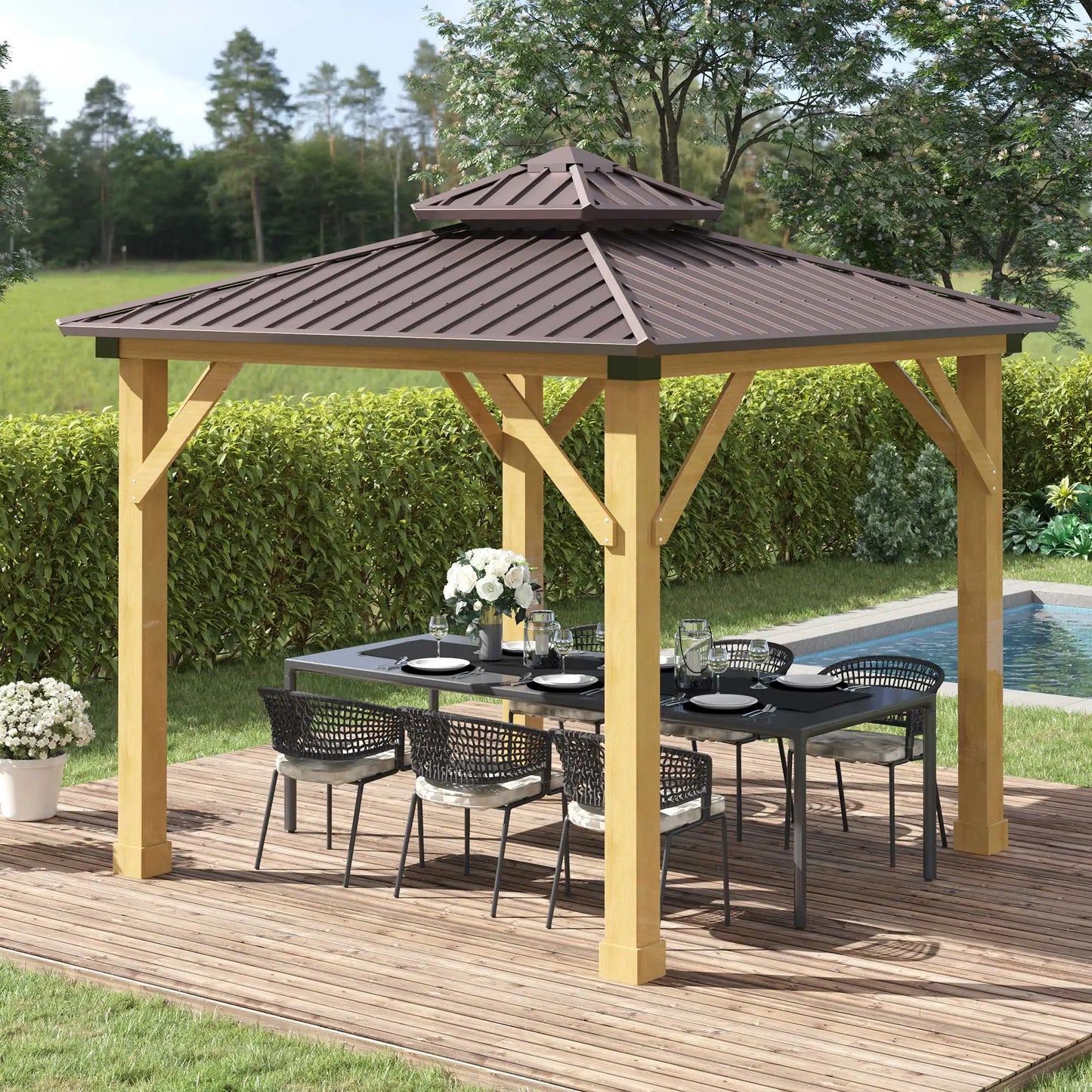 Outsunny 10' x 10' Hardtop Gazebo with Steel Roof & Wood Frame – Permanent Outdoor Pavilion with Light Hook for Patio, Garden, or Backyard
