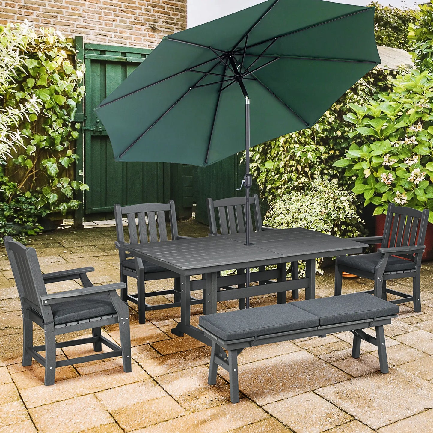 Outsunny 6-Piece Patio Dining Set | Outdoor Table & Chairs with Cushions, Loveseat Bench, Armrests & Umbrella Hole, Dark Gray