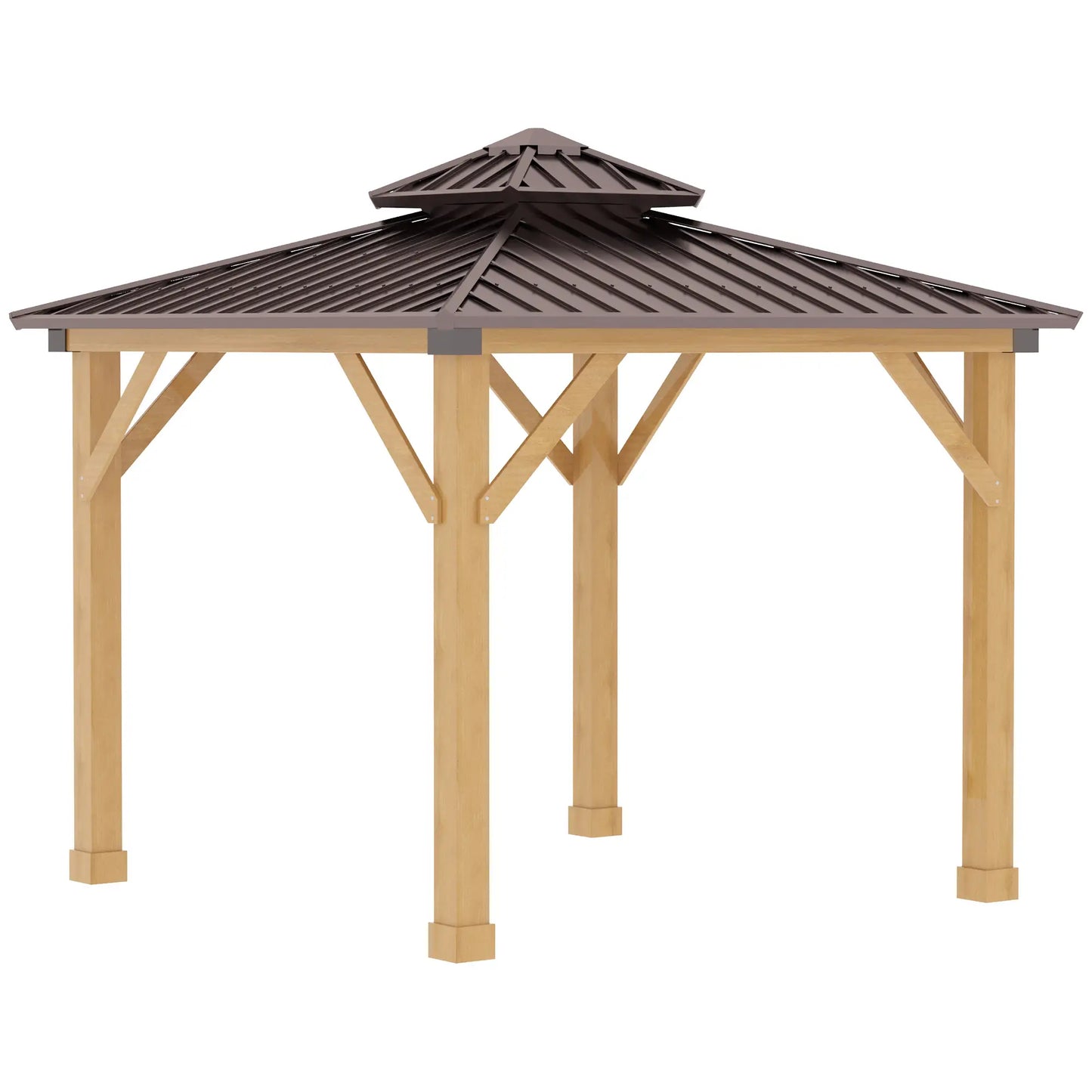 Outsunny 10' x 10' Hardtop Gazebo with Steel Roof & Wood Frame – Permanent Outdoor Pavilion with Light Hook for Patio, Garden, or Backyard