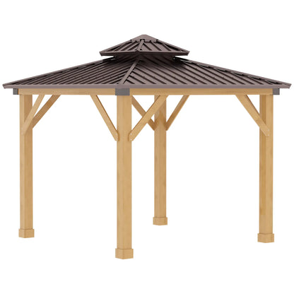 Outsunny 10' x 10' Hardtop Gazebo with Steel Roof & Wood Frame – Permanent Outdoor Pavilion with Light Hook for Patio, Garden, or Backyard