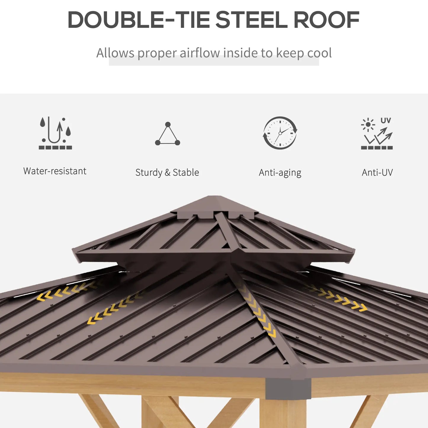 Outsunny 10' x 10' Hardtop Gazebo with Steel Roof & Wood Frame – Permanent Outdoor Pavilion with Light Hook for Patio, Garden, or Backyard