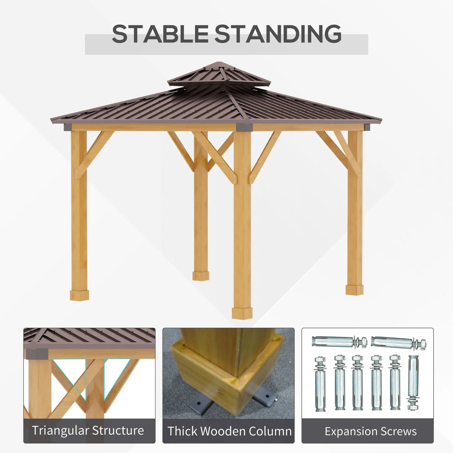 Outsunny 10' x 10' Hardtop Gazebo with Steel Roof & Wood Frame – Permanent Outdoor Pavilion with Light Hook for Patio, Garden, or Backyard