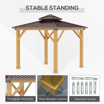 Outsunny 10' x 10' Hardtop Gazebo with Steel Roof & Wood Frame – Permanent Outdoor Pavilion with Light Hook for Patio, Garden, or Backyard
