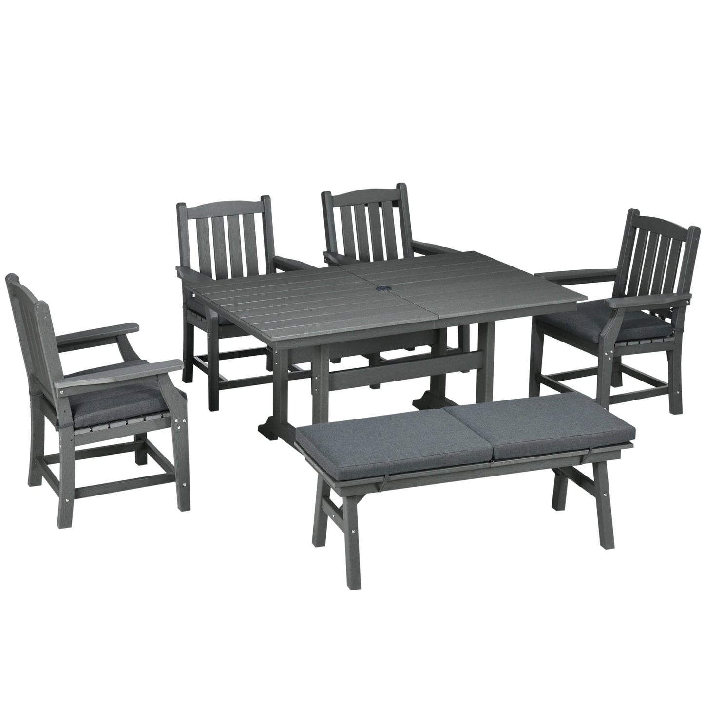 Outsunny 6-Piece Patio Dining Set | Outdoor Table & Chairs with Cushions, Loveseat Bench, Armrests & Umbrella Hole, Dark Gray