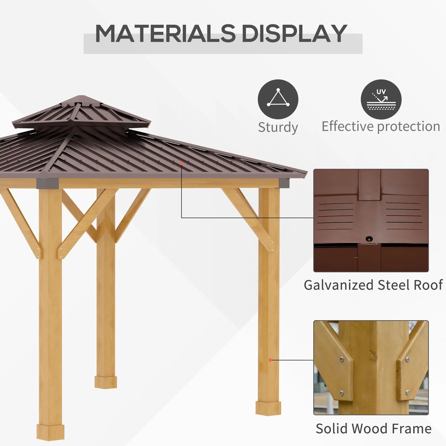 Outsunny 10' x 10' Hardtop Gazebo with Steel Roof & Wood Frame – Permanent Outdoor Pavilion with Light Hook for Patio, Garden, or Backyard