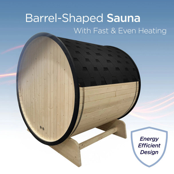 Outdoor White Finland Pine Traditional Barrel Sauna with Black Accents & Front Porch Canopy - 2-4 Person Capacity
