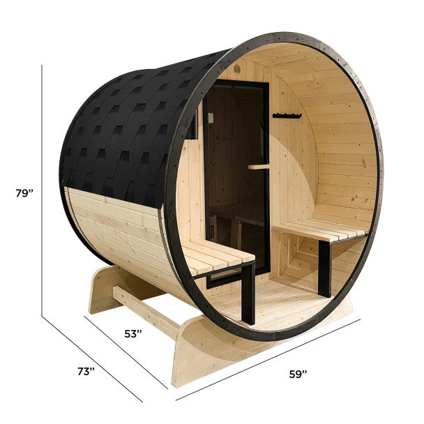 Outdoor White Finland Pine Traditional Barrel Sauna with Black Accents & Front Porch Canopy - 2-4 Person Capacity