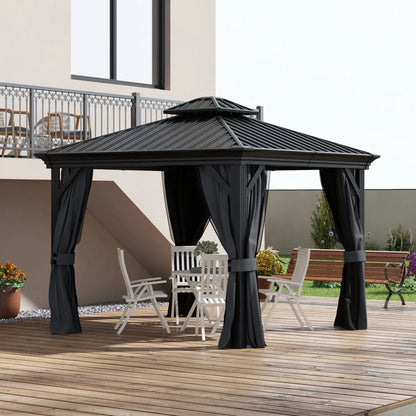 Outsunny 10' x 12' Hardtop Gazebo | Double Roof Aluminum Pavilion with Sidewalls for Patio, Garden & Deck – Dark Gray