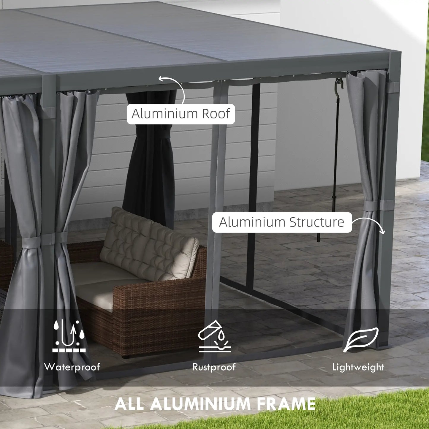 Outsunny 12' x 19' Aluminum Louvered Pergola | Adjustable Roof with Curtains & Netting for Outdoor Patio, Deck & Garden – Dark Gray