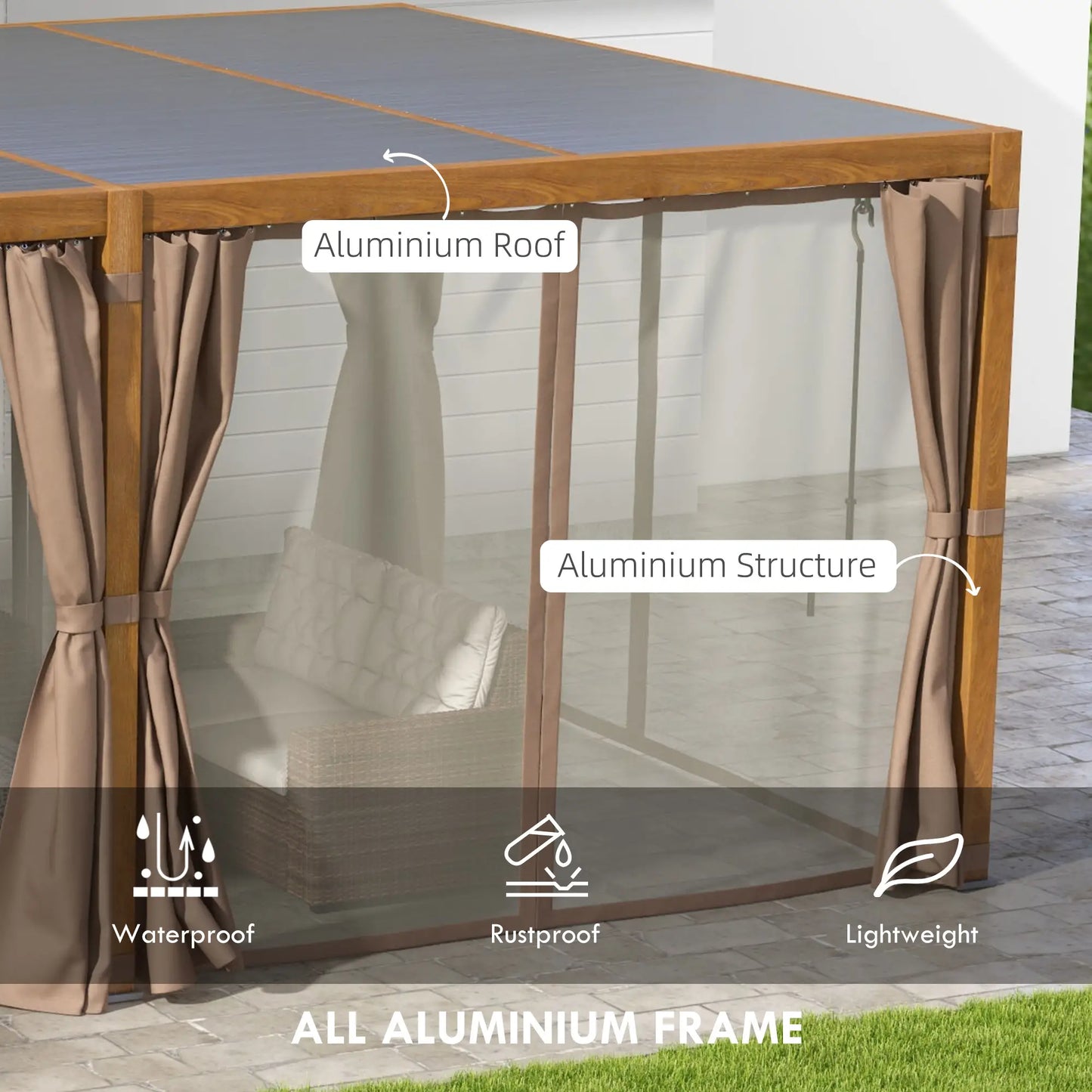 Outsunny 12' x 19' Aluminum Louvered Pergola | Adjustable Roof with Curtains & Netting for Outdoor Patio, Deck & Garden – Natural