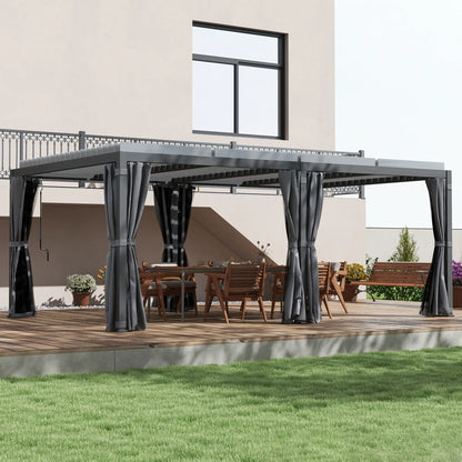 Outsunny 12' x 19' Aluminum Louvered Pergola | Adjustable Roof with Curtains & Netting for Outdoor Patio, Deck & Garden – Dark Gray
