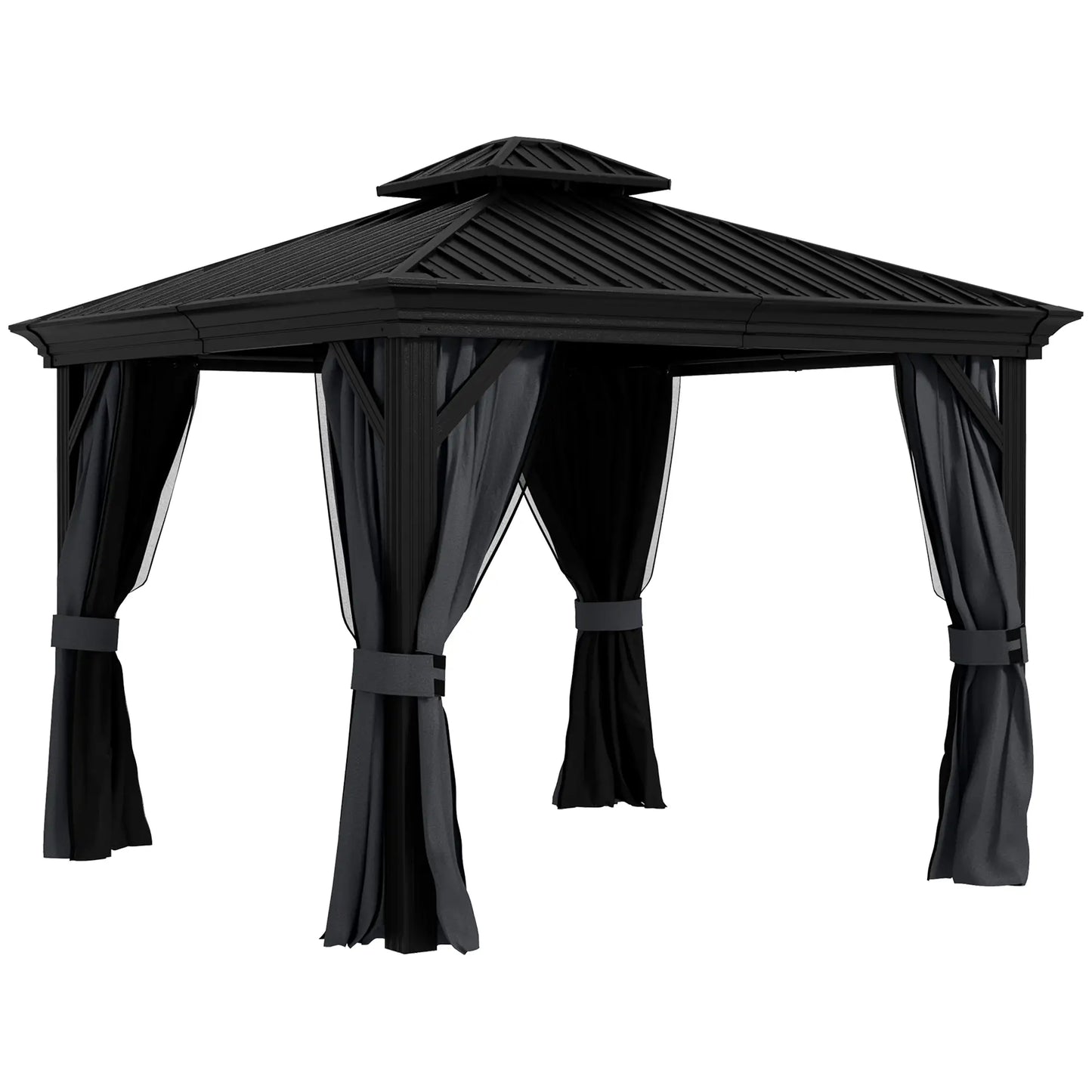 Outsunny 10' x 12' Hardtop Gazebo | Double Roof Aluminum Pavilion with Sidewalls for Patio, Garden & Deck – Dark Gray