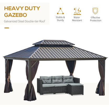 Outsunny 12' x 16' Hardtop Gazebo | Double Roof Metal Pavilion with Curtains & Netting for Patio, Garden & Backyard, Brown