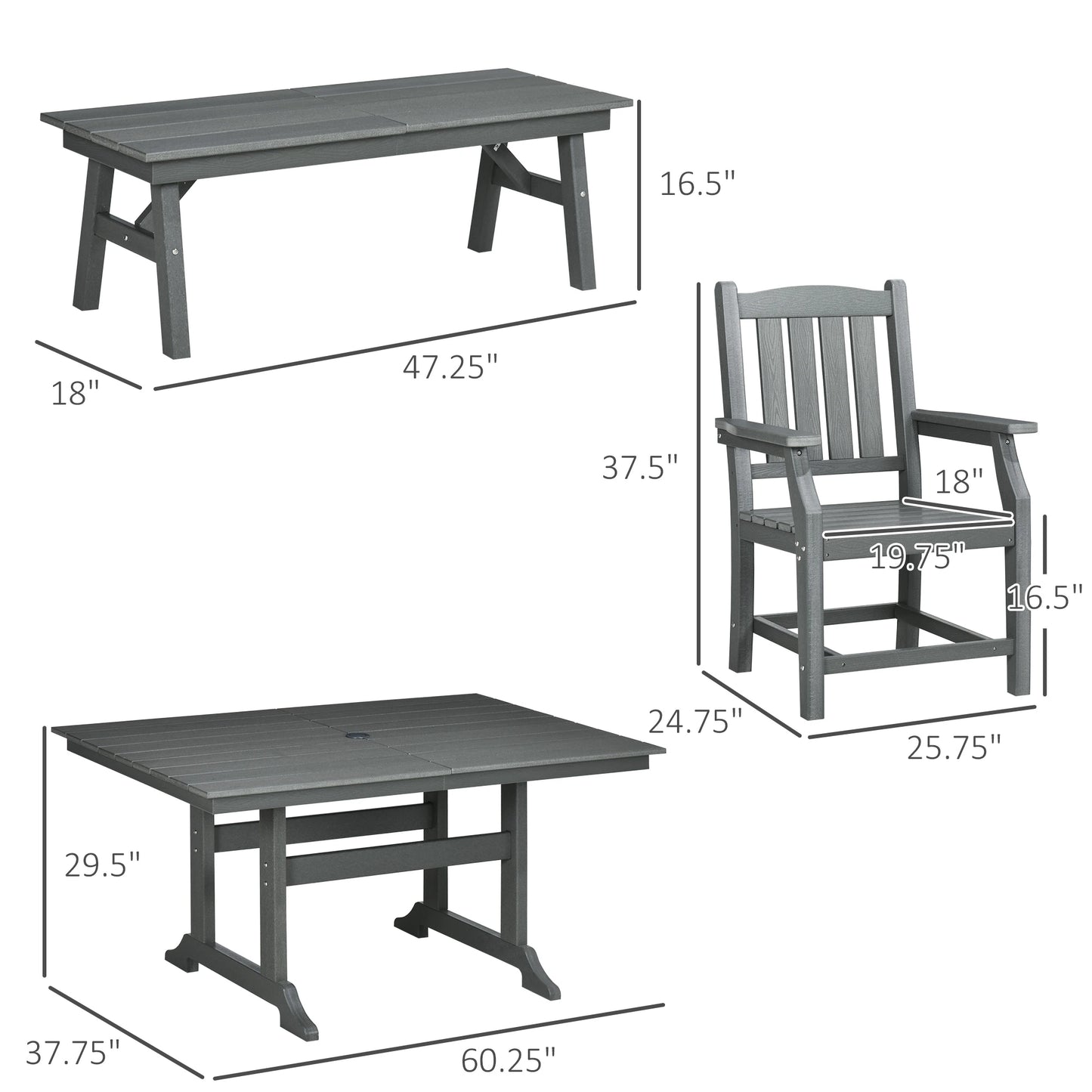 Outsunny 6-Piece Patio Dining Set | Outdoor Table & Chairs with Cushions, Loveseat Bench, Armrests & Umbrella Hole, Dark Gray