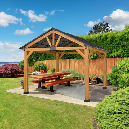 Outsunny 11' x 13' Hardtop Gazebo | Wooden, Galvanized Steel Roof, Sturdy Permanent Pavilion for Patio, Garden, Backyard & Outdoor Events