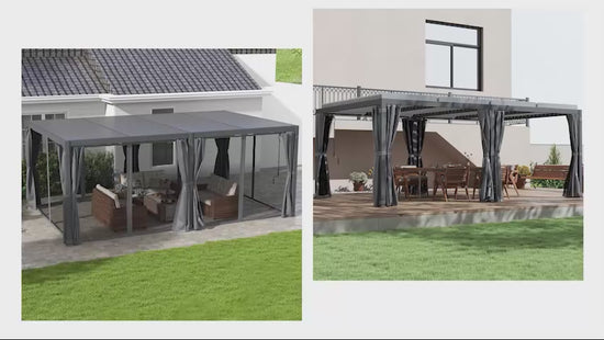 Video of aluminum pergola with curtains in dark gray