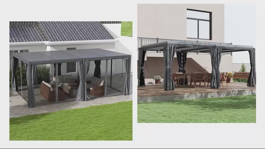 Video of aluminum pergola with curtains in dark gray
