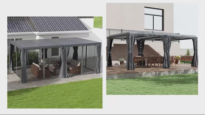 Video of aluminum pergola with curtains in dark gray