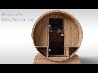 Outdoor White Finland Pine Traditional Barrel Sauna with Black Accents & Front Porch Canopy - 2-4 Person Capacity