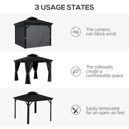 Outsunny 10' x 12' Hardtop Gazebo | Double Roof Aluminum Pavilion with Sidewalls for Patio, Garden & Deck – Dark Gray