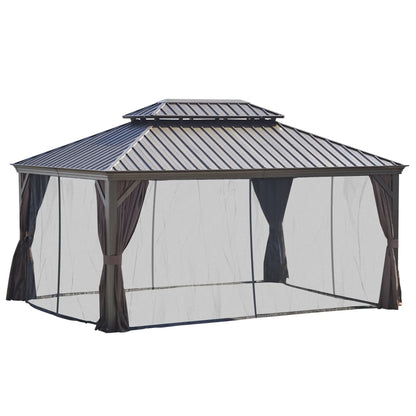 Outsunny 12' x 16' Hardtop Gazebo | Double Roof Metal Pavilion with Curtains & Netting for Patio, Garden & Backyard, Brown